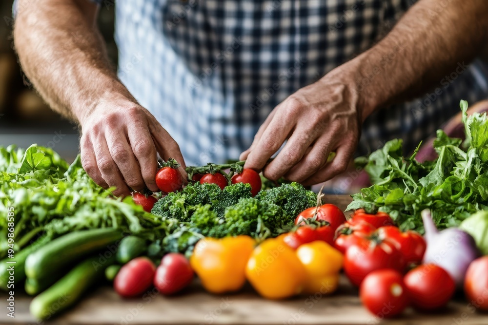 Farm-to-Table Concept: A rustic kitchen scene where a chef is preparing a meal with freshly harvested vegetables. The focus should be on the vibrant colors of the vegetables and the hands of the chef Farm-to-Table Concept: A rustic kitchen scene where a chef is preparing a meal with freshly harvested vegetables. The focus should be on the vibrant colors of the vegetables and the hands of the chef
