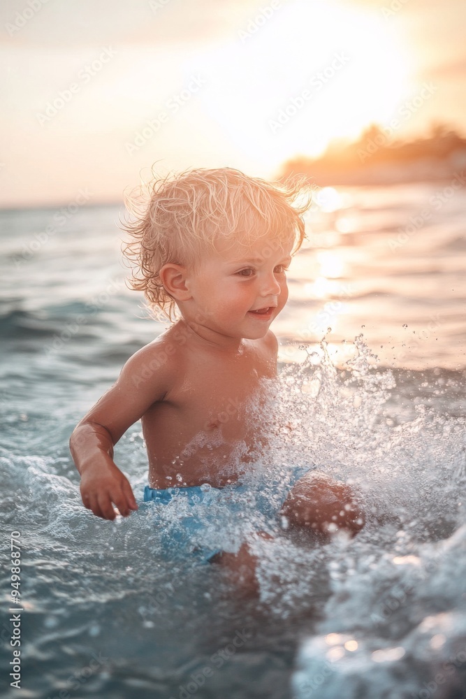 In golden afternoon light, a child plays in shallow water on a Gold Coast beach In golden afternoon light, a child plays in shallow water on a Gold Coast beach