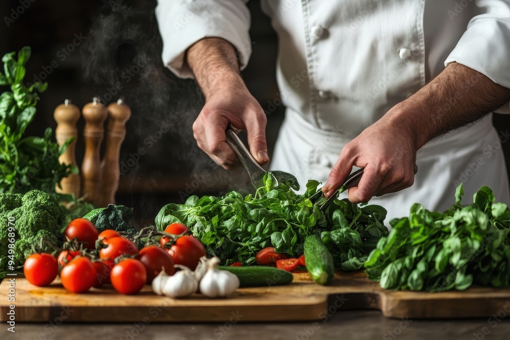 Farm-to-Table Concept: A rustic kitchen scene where a chef is preparing a meal with freshly harvested vegetables. The focus should be on the vibrant colors of the vegetables and the hands of the chef Farm-to-Table Concept: A rustic kitchen scene where a chef is preparing a meal with freshly harvested vegetables. The focus should be on the vibrant colors of the vegetables and the hands of the chef