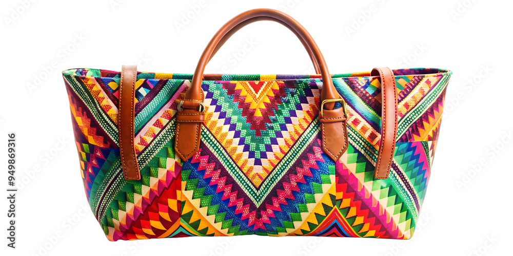 Brightly colored woven bag with geometric patterns displayed indoors, cut out transparent Brightly colored woven bag with geometric patterns displayed indoors, cut out transparent