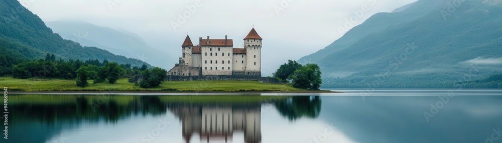 Obraz premium Towering medieval castle reflected in a still lake, creating a mirror image, landscapes, medieval architecture, tranquil scene