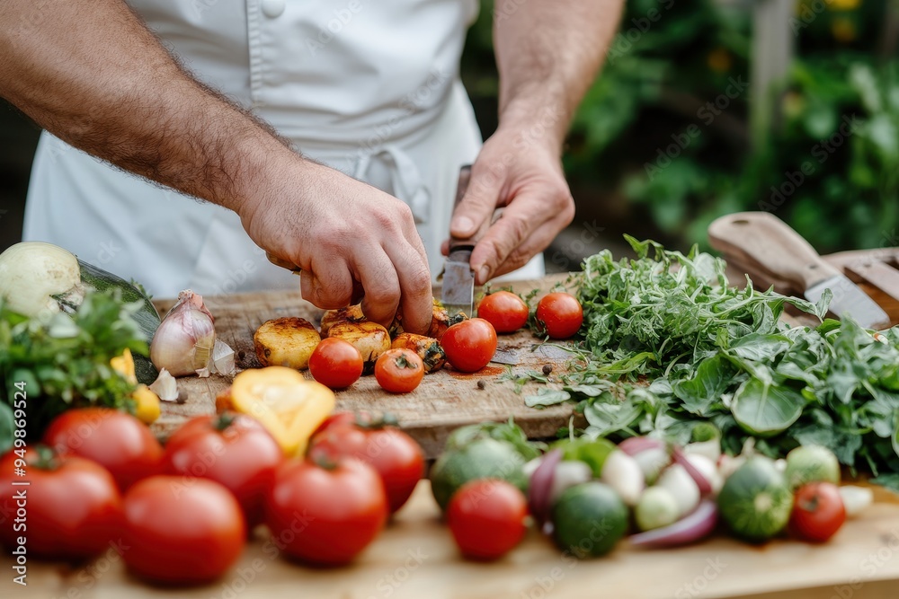 Farm-to-Table Concept: A rustic kitchen scene where a chef is preparing a meal with freshly harvested vegetables. The focus should be on the vibrant colors of the vegetables and the hands of the chef Farm-to-Table Concept: A rustic kitchen scene where a chef is preparing a meal with freshly harvested vegetables. The focus should be on the vibrant colors of the vegetables and the hands of the chef