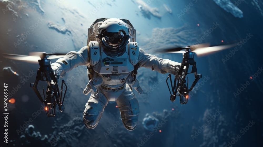 Astronaut Flying Through Space with Drones Astronaut Flying Through Space with Drones