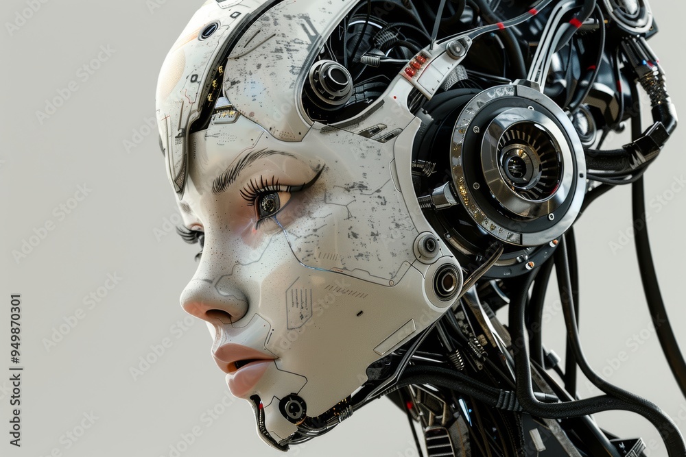 A close-up portrait of a female android robot with exposed mechanical parts A close-up portrait of a female android robot with exposed mechanical parts