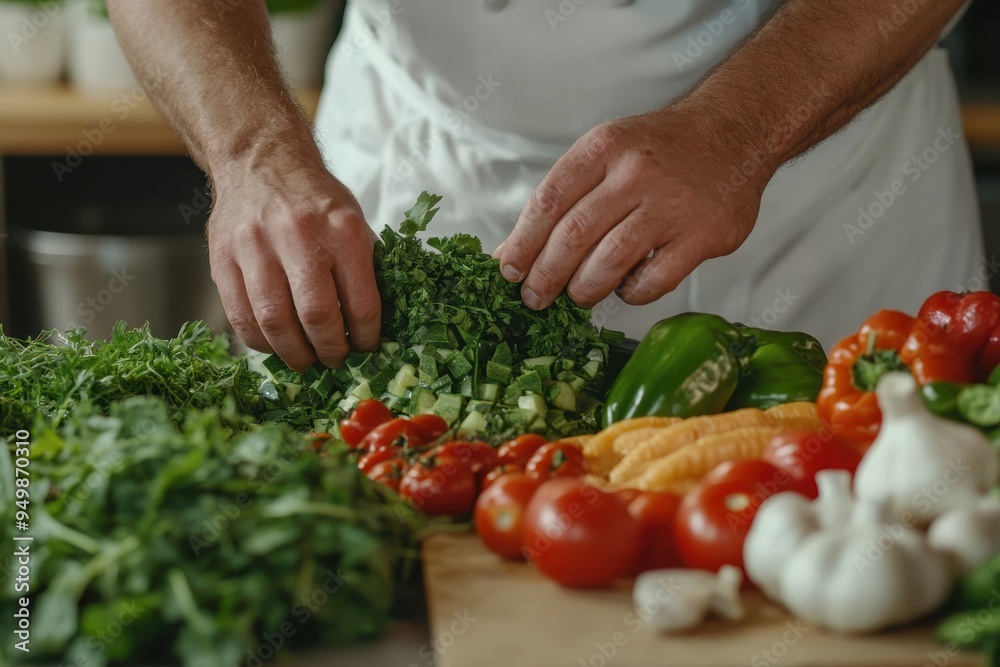Farm-to-Table Concept: A rustic kitchen scene where a chef is preparing a meal with freshly harvested vegetables. The focus should be on the vibrant colors of the vegetables and the hands of the chef Farm-to-Table Concept: A rustic kitchen scene where a chef is preparing a meal with freshly harvested vegetables. The focus should be on the vibrant colors of the vegetables and the hands of the chef