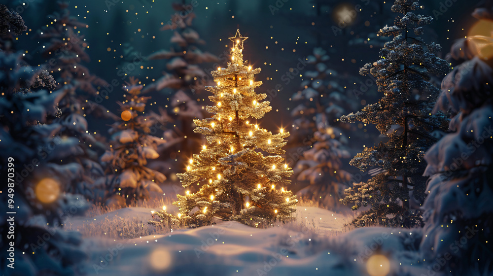 Obraz premium Christmas tree covered with glowing lights illuminating a snowy forest at night