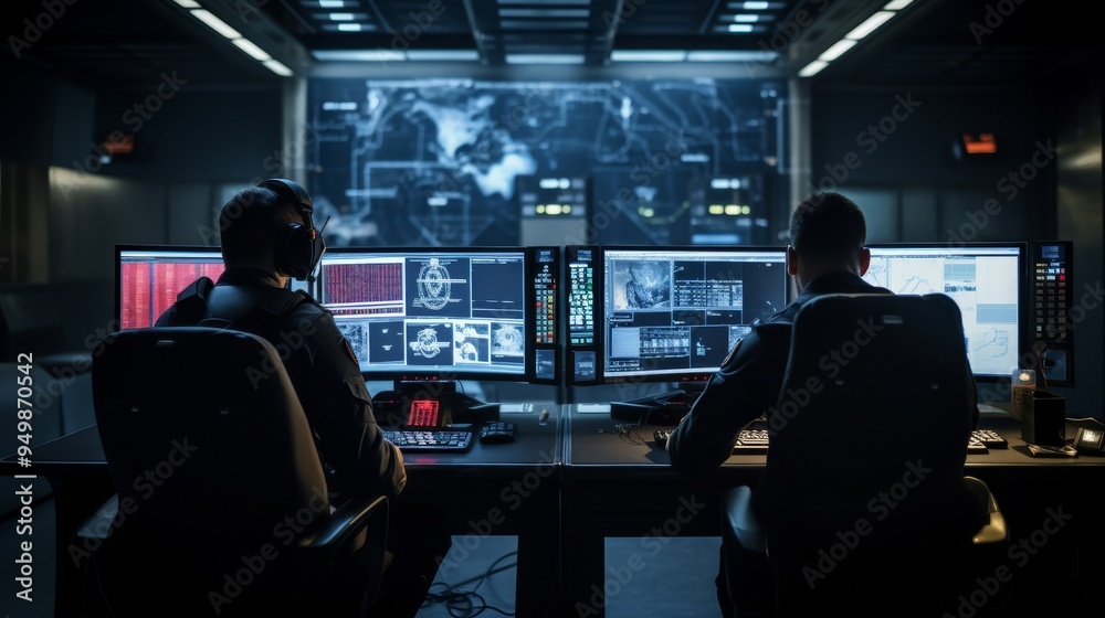 Two People Working on Computers in a Control Room Two People Working on Computers in a Control Room