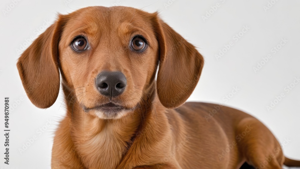 Portrait of Red smooth haired dachshund dog on grey background Portrait of Red smooth haired dachshund dog on grey background