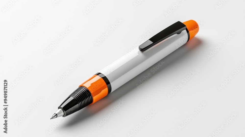 Sleek Writing Instrument: A modern orange, black, and white pen lays on a minimalist white background, ready to capture thoughts and ideas. Sleek Writing Instrument: A modern orange, black, and white pen lays on a minimalist white background, ready to capture thoughts and ideas.