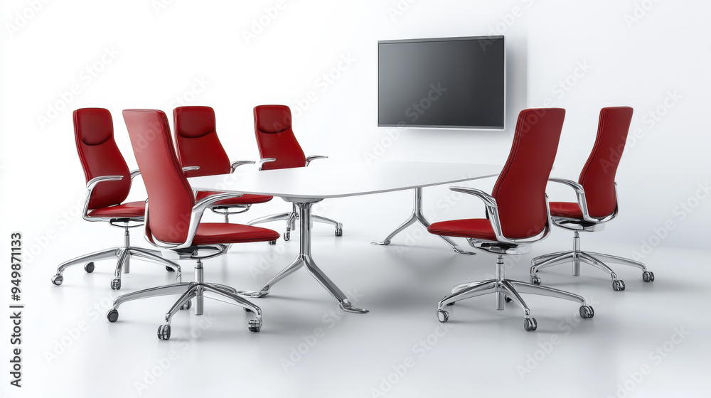 Minimalist conference room featuring red office chairs around a white table, with a large screen on the wall. Minimalist conference room featuring red office chairs around a white table, with a large screen on the wall.