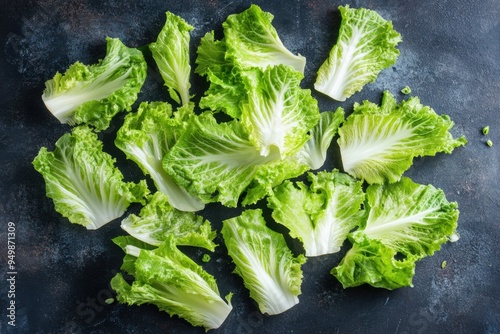 Fresh green lettuce leaves on dark background photo