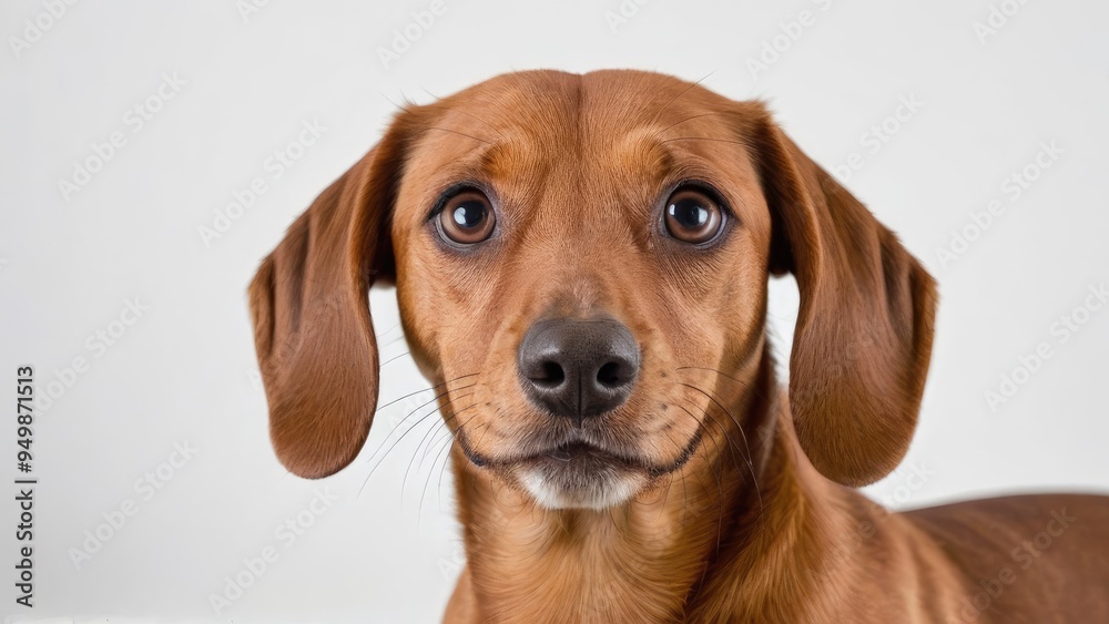 Portrait of Red smooth haired dachshund dog on grey background Portrait of Red smooth haired dachshund dog on grey background