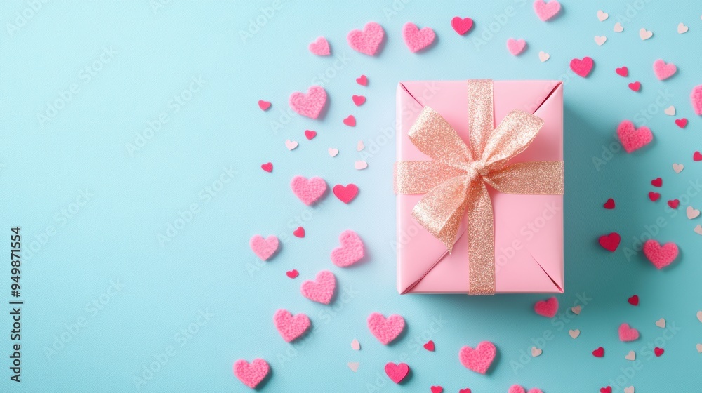 Pink gift box with bow surrounded heart confetti on blue background