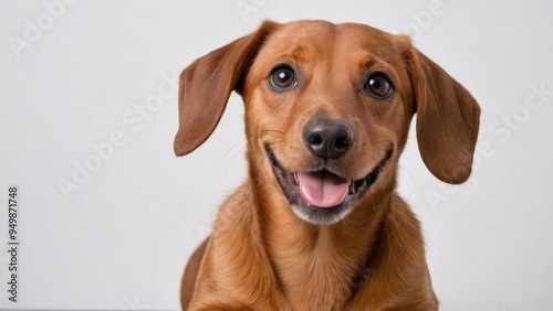 Portrait of Red smooth haired dachshund dog on grey background