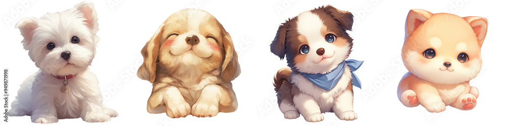 Fototapeta premium Illustration of four cute cartoon puppies from different breeds, showcasing diverse colors and playful expressions, including a puppy with a blue bandana.clipart,transparent background 