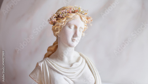 White marble bust of woman with flowers. Plaster antique sculpture. photo