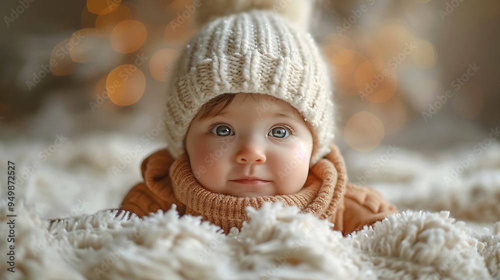 Adorable baby girl in a knitted hat laying on a soft blanket looking at the camera with a warm and inviting expression. Adorable baby girl in a knitted hat laying on a soft blanket looking at the camera with a warm and inviting expression.