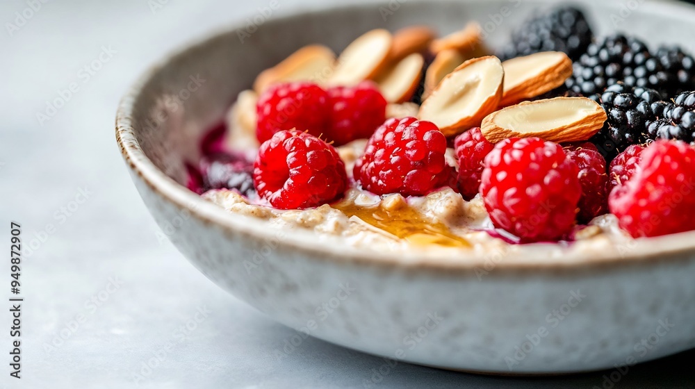 Closeup of bowl of overnight oats topped with fresh berries almond slices and a drizzle of honey Closeup of bowl of overnight oats topped with fresh berries almond slices and a drizzle of honey