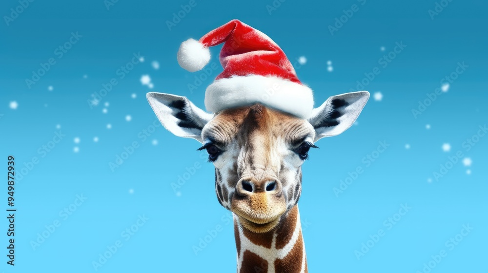 Funny giraffe in a Santa Claus hat. Merry Christmas poster with a giraffe wearing a red Santa hat. New Year poster with giraffe portrait. Christmas and New Year photo, poster, print. Funny giraffe in a Santa Claus hat. Merry Christmas poster with a giraffe wearing a red Santa hat. New Year poster with giraffe portrait. Christmas and New Year photo, poster, print.
