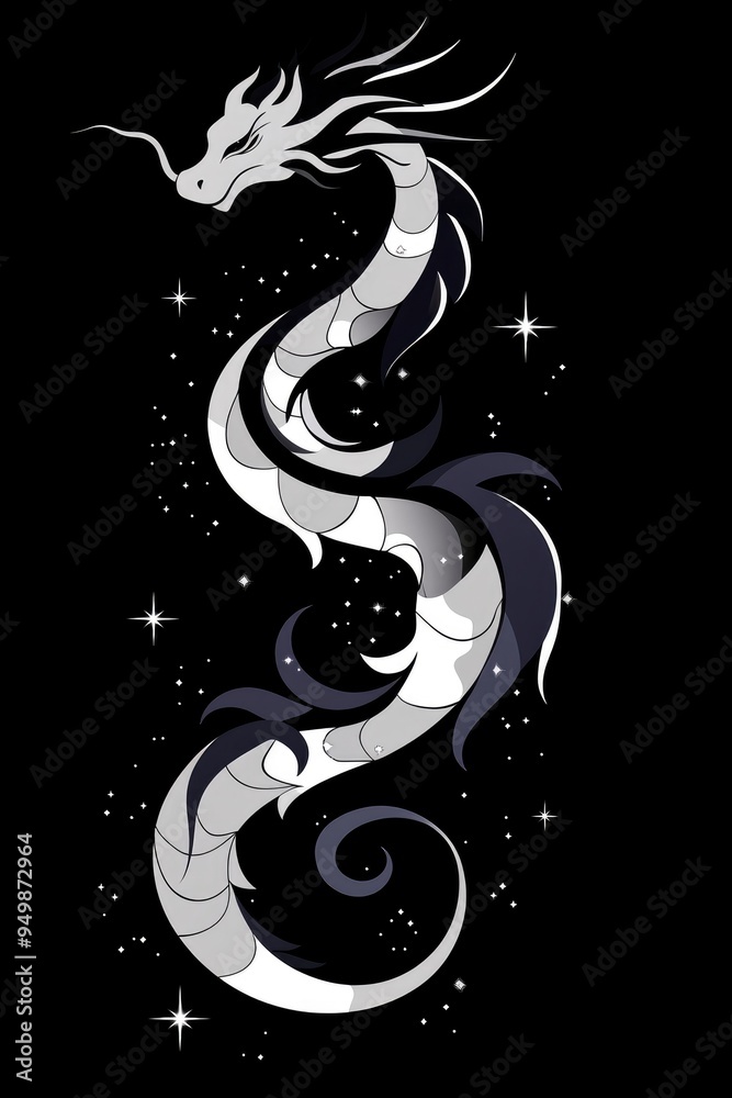 Obraz premium Black and White Dragon with Stars in the Background