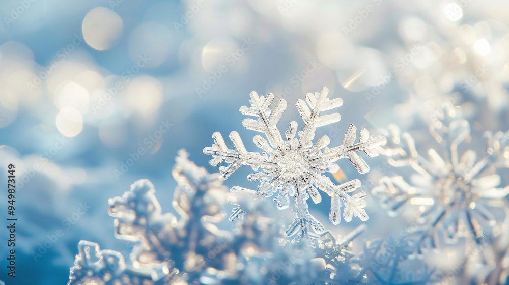 Macro photograph of snowflakes sparkling on a sunny winter day, with a shallow depth of field Macro photograph of snowflakes sparkling on a sunny winter day, with a shallow depth of field