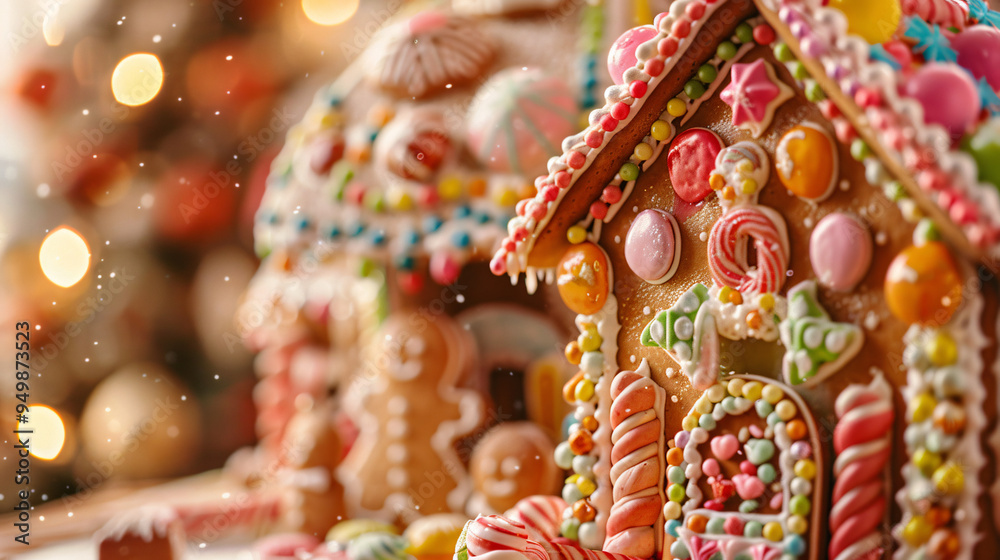 Fototapeta premium Gingerbread house adorned with vibrant candy in front of twinkling christmas tree lights