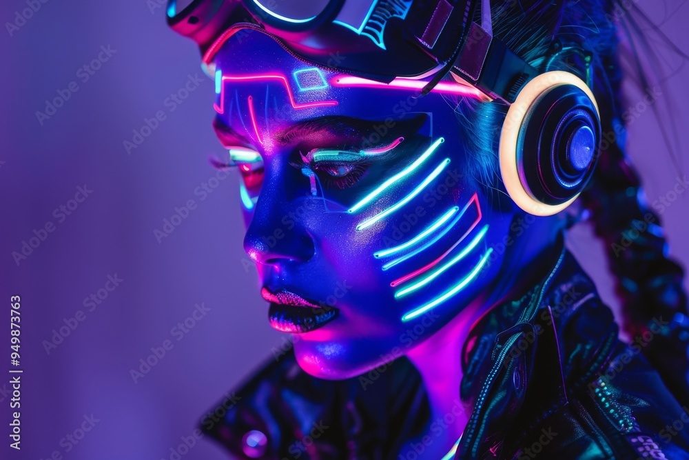 A futuristic lady model with metallic body paint and neon accessories, AI generated A futuristic lady model with metallic body paint and neon accessories, AI generated