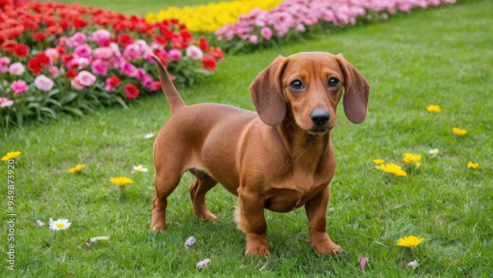 Red smooth haired dachshund dog in flower field Red smooth haired dachshund dog in flower field