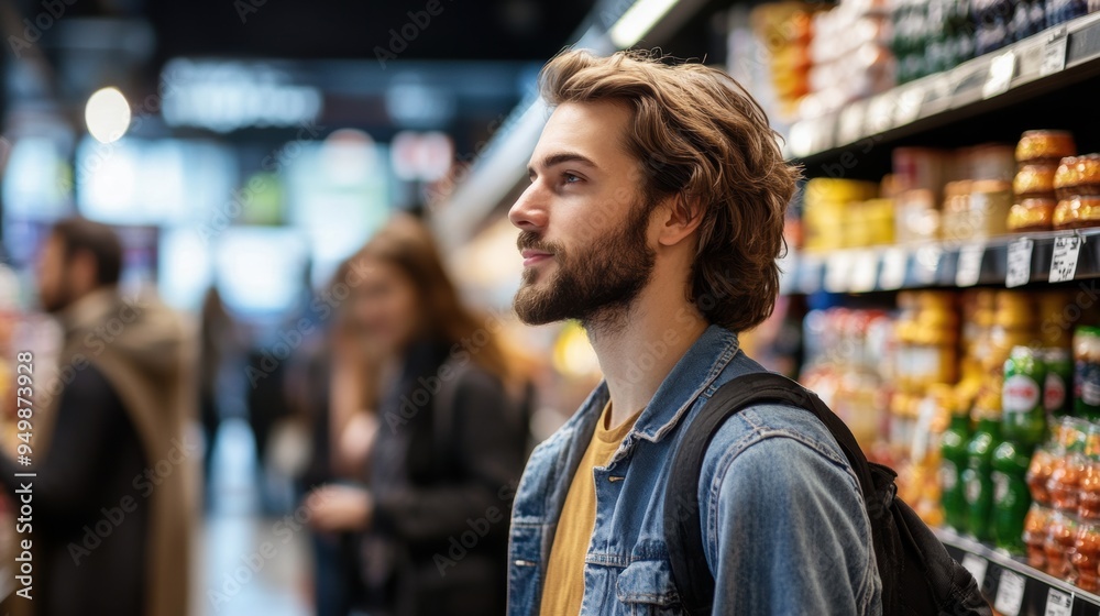 Man Browsing Aisles in Supermarket with Focus
Man Browsing Aisles in Supermarket with Focus