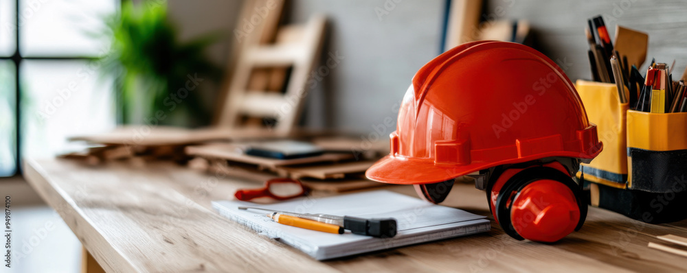 Fototapeta premium Red hard hat with ear protection and tools placed on a wooden desk, representing construction planning and safety at work.