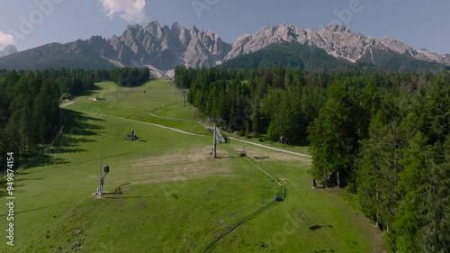 Funicular in San Candido Croda dei Baranci. Birkenkofel on the Dolomites range, Innichen, Trentino, South Tyrol, Italy. photo