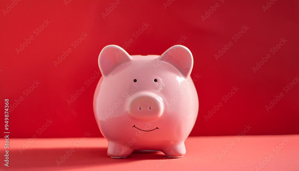 Cute pink ceramic piggy bank against pastel red background. Finances, money and savings Cute pink ceramic piggy bank against pastel red background. Finances, money and savings