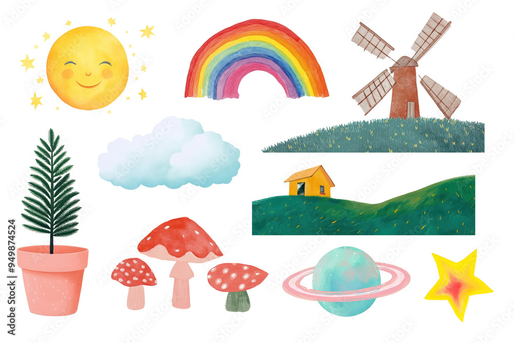 Naklejka premium PNG cute nature sticker illustration element set, transparent background