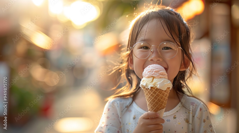 A cute little girl wearing glasses smiles happily while enjoying an ice cream cone on a summer day.