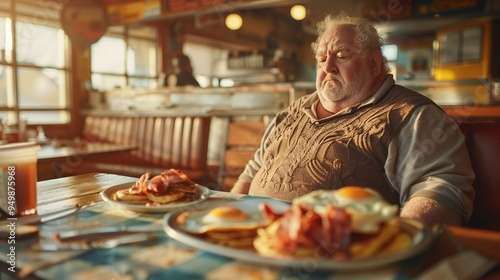 Older Man Enjoying a Traditional Breakfast Alone in a Classic American Diner