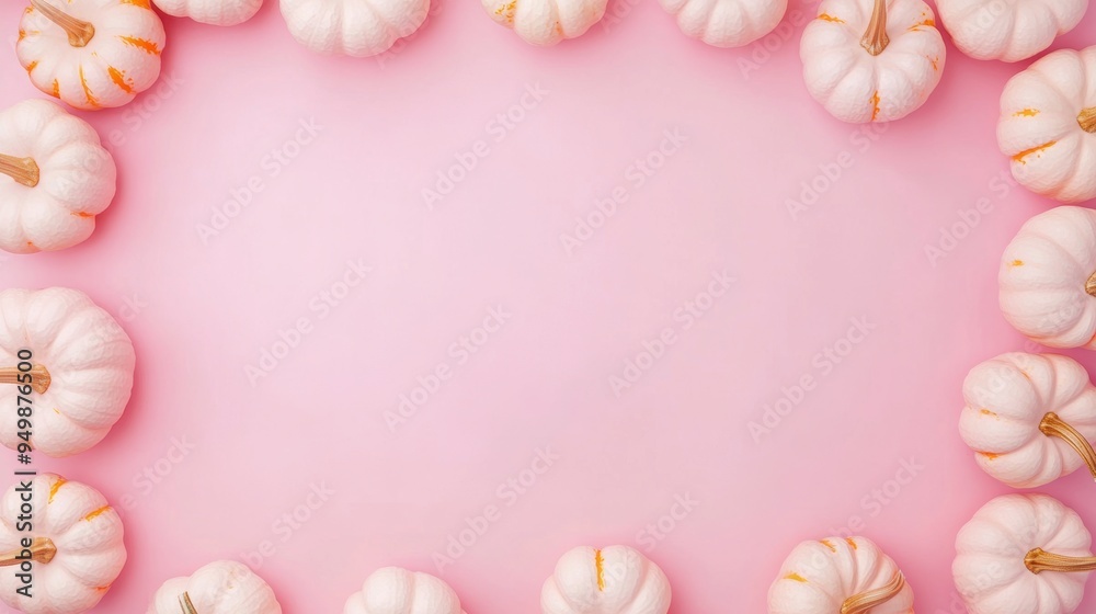 Obraz premium Autumn harvest frame of white pumpkins on pink background