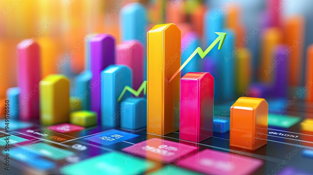7. Sales data analysis, vibrant bar charts and growth arrows, 3D illustration. 7. Sales data analysis, vibrant bar charts and growth arrows, 3D illustration.