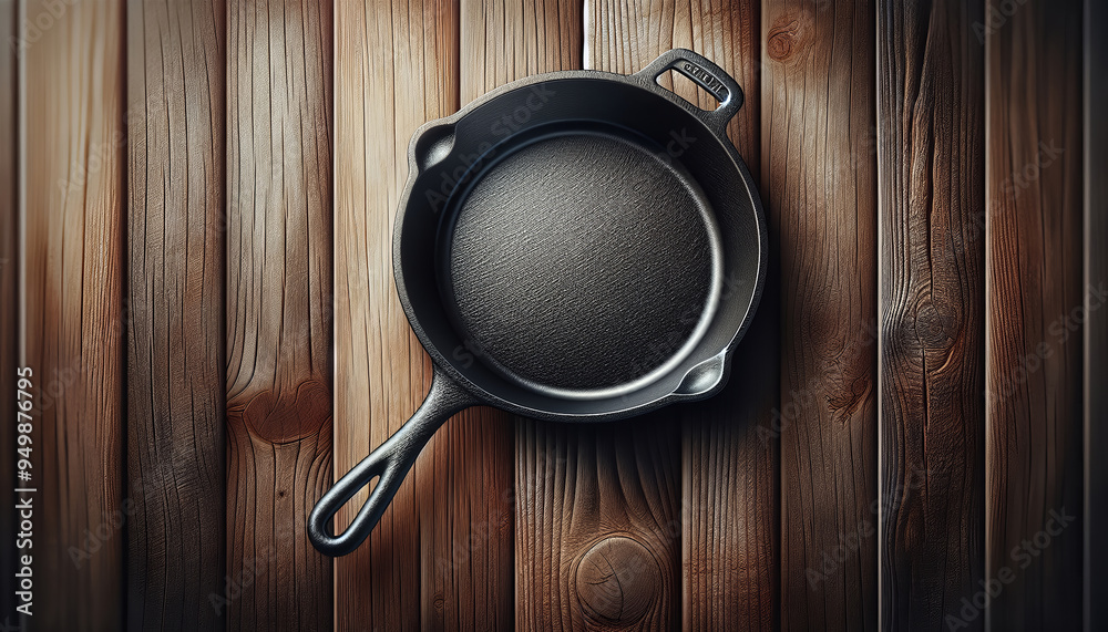 Cast iron skillet on a textured wood background. Cast iron skillet on a textured wood background.