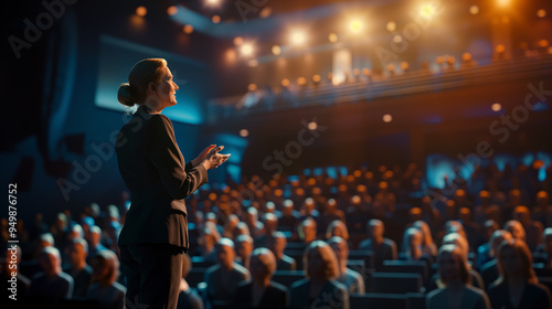 Wallpaper Mural Businesswoman confidently speaking on stage, addressing an engaged audience about success, leadership, and productivity during a conference or business event Torontodigital.ca