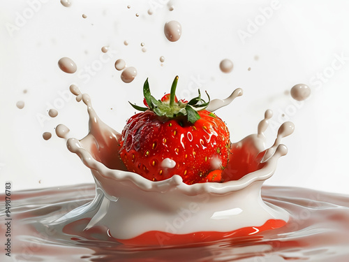 Pink - Red Juicy Strawberry Falling In Yogurt, Creamy Milk, Create a splash effect of milk.