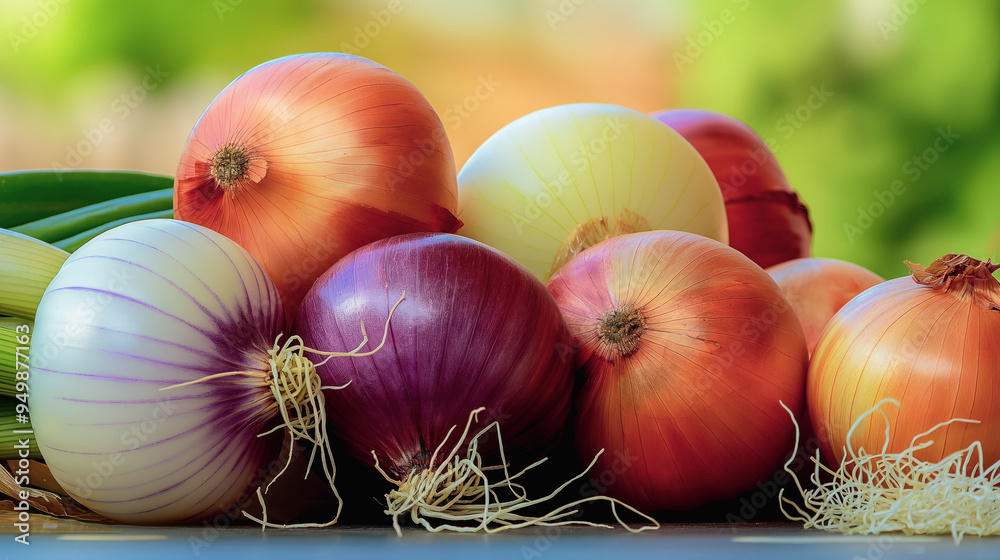 Colorful onions on a rustic table , close up . Excellent for kitchen or restaurant highlighting farm-to-table concepts. Colorful onions on a rustic table , close up . Excellent for kitchen or restaurant highlighting farm-to-table concepts.