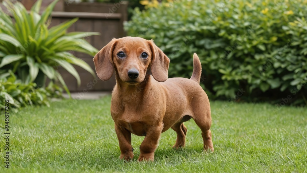 Red smooth haired dachshund dog in the garden Red smooth haired dachshund dog in the garden
