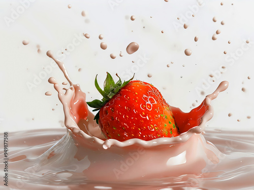 Pink - Red Juicy Strawberry Falling In Yogurt, Creamy Milk, Create a splash effect of milk. Red Ripe Strawberry