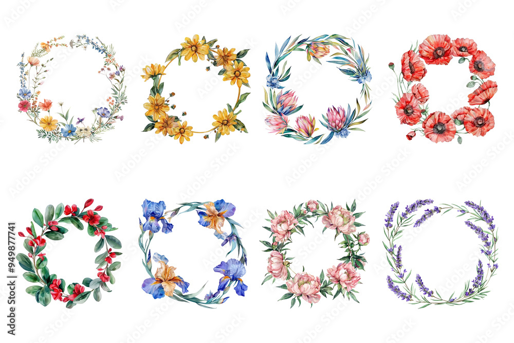 PNG watercolor flower frame element set, transparent background PNG watercolor flower frame element set, transparent background