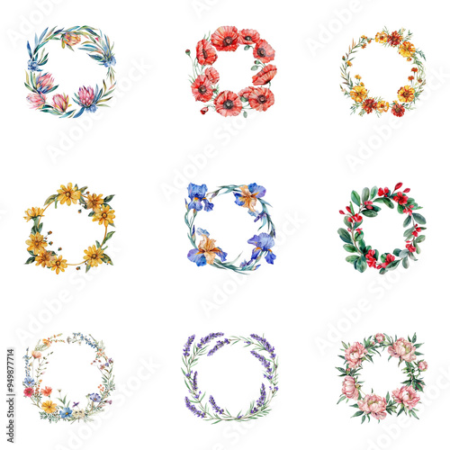 PNG watercolor flower frame element set, transparent background