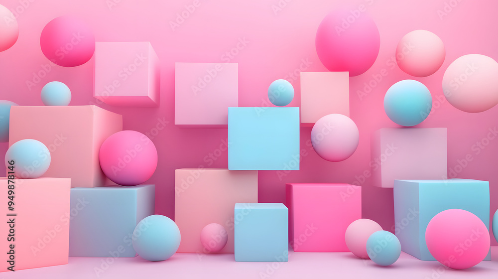 Square and balls, colorful geometric figures on pastel colors, 3d illustration. Minimal style abstract background.