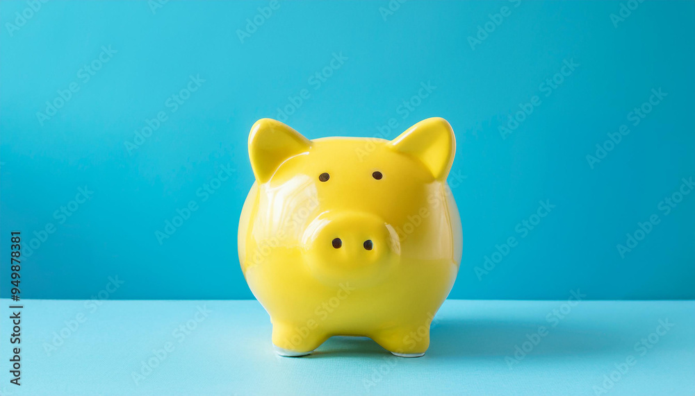 Cute yellow ceramic piggy bank against pastel blue background. Finances, money and savings Cute yellow ceramic piggy bank against pastel blue background. Finances, money and savings