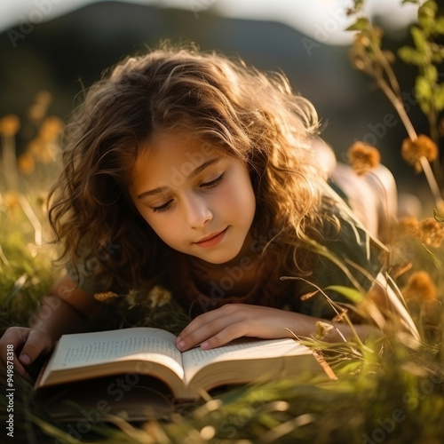 Young Girl Reading a Book While Lying in the Grass