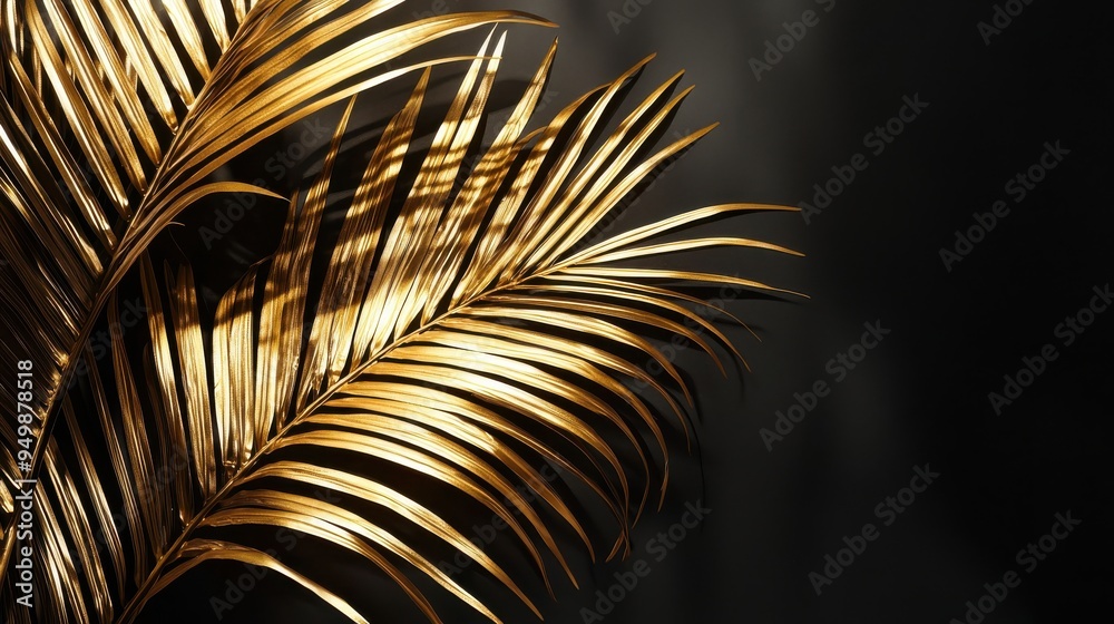 Fototapeta premium golden palm leaf, black background, leaf shadow