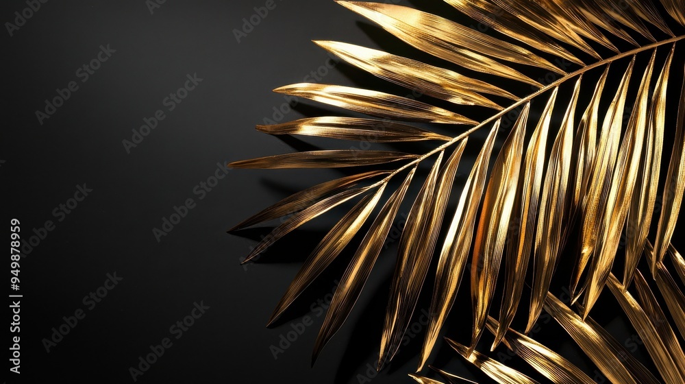 Fototapeta premium golden palm leaf, black background, leaf shadow